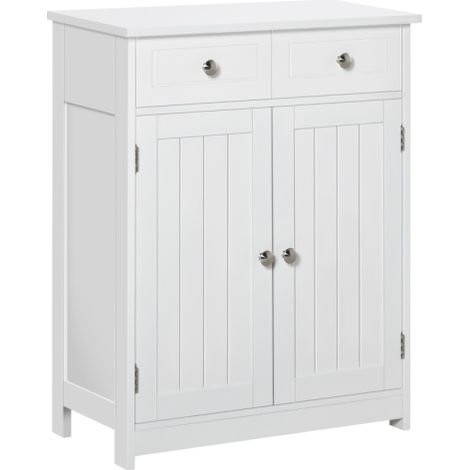 Freestanding Bathroom Storage Cabinet 75x60cm with 2 Drawers and Adjustable Shelf, Traditional White Unit with Metal Handles