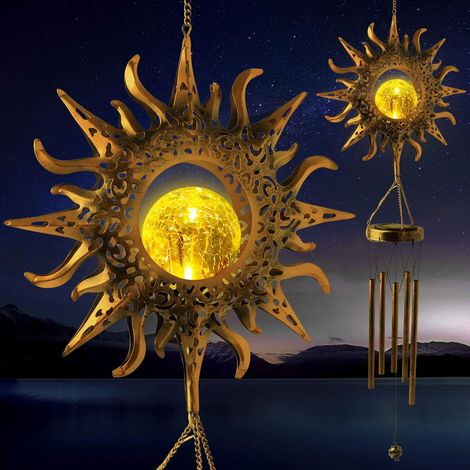 Carillon solaire à vent - Boule en verre craquelé LED, motif lune ajourée en métal, décoration extérieure pour jardin, terrasse, cour - Clochette mélodieuse, veilleuse, cadeau idéal pour les amoureux