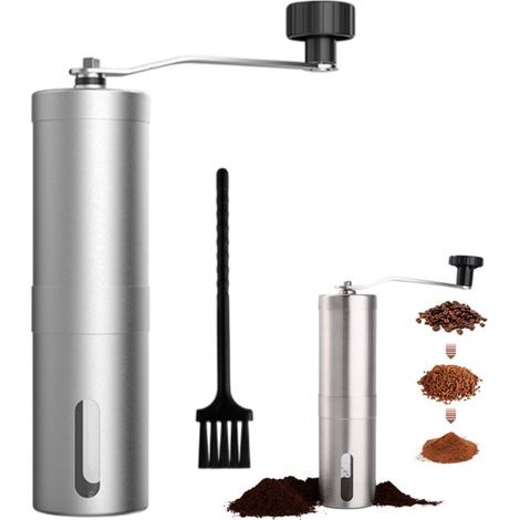 Manual coffee grinder with brush - Ceramic mortar and pestle - Stainless steel grinder - Portable coffee grinder - 144.818.6 cm - Suitable for AeroPress, drip coffee, espresso, French press, Turkish c (1/4)