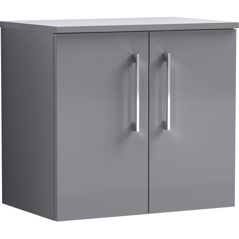 Balterley Bramshall Modern Bathroom 600mm Wall Hung 2-Door Vanity Unit with Laminate Worktop, Soft Close Doors, Satin Grey