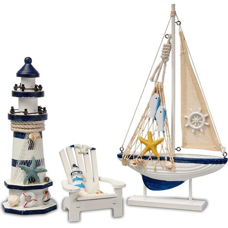 Set Décoration Salle de Bain Maritime - Phare Bateau Chaise Plage Bois 3 Pièces (1/5)