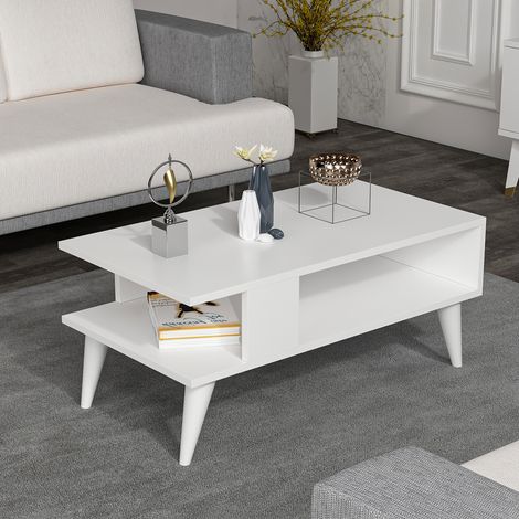 Tavolino Basso da Divano 'Lycksele' con Scomparto Semiaperto e 4 Piedini - Bianco [en.casa] (1/4)