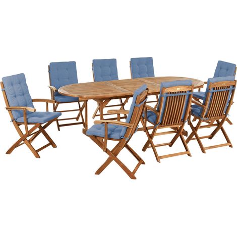 Outdoor Dining Set Brown Blue Acacia Wood Fabric with UV and Water-Resistant Cushions Table Folding Chairs Rustic Design MAUI PREMIUM (1/5)
