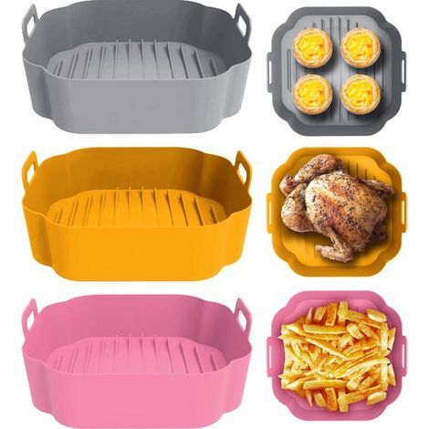 Silikon-Gebäckformen für Heißluftfritteusen, 3er-Set, 20 cm, wiederverwendbar, dicke quadratische Silikon-Gebäckformen für Heißluftfritteusen (rosa + grau + ingwergelb). (1/5)