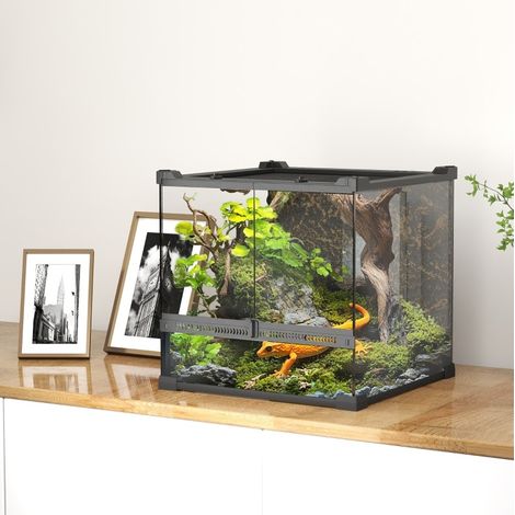 Terrario de vidrio para reptiles 30 x 30 x 30 cm, base elevada e impermeable, negro OKMYHOME (1/5)