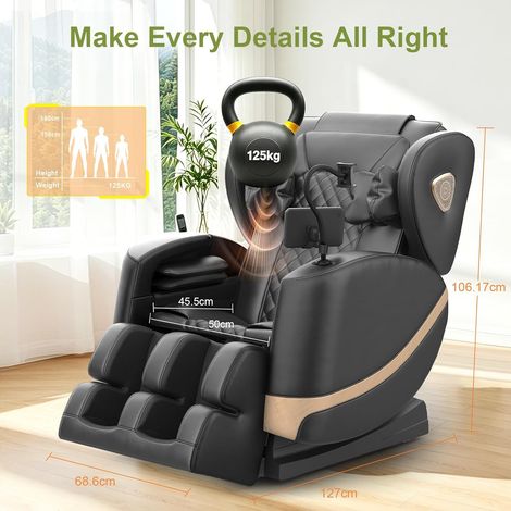 Fauteuil de massage avec 14 rouleaux, 8 coussins d'air et fonction zéro gravité – haut-parleur Bluetooth, écran tactile, support pour téléphone, chauffage lombaire et des jambes, noir