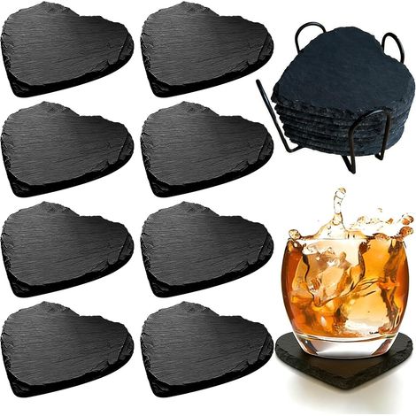 Lot de 8 dessous de verre en ardoise en forme de cœur pour la maison, le bureau, la cuisine (1/5)