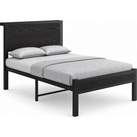 Lit simple 90x200 cm en MDF et métal, avec tête de lit de rangement, sommier à lattes, style moderne noir et brun rustique, sans boxspring – CHICFURN (1/5)