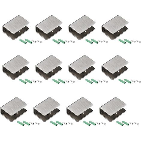 Clips Pince à Verre 12 Pieces Pince à Verre en Acier Inoxydable 201 Support Etagere Verre Reglable de 6 à 10 mm d'épaisseur Verre Acrylique Bois, avec Vis (Carrés, 26,5x20x14,5mm)