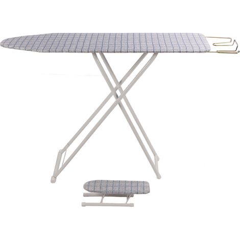 Table à repasser pliable de 107 cm avec repose-fer, grande table à repasser stable avec support fixe, mini table à repasser, gris quadrillé bleu (1/5)