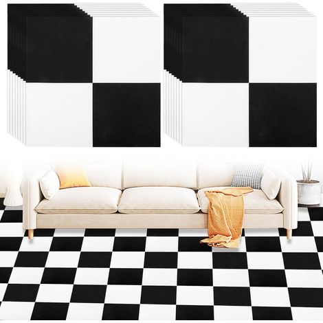 Lot de 20 revêtements de sol en PVC autocollants en vinyle 30 x 30 cm Échiquier (vue totale : 6 m x 6 m), sol en vinyle noir et blanc, pour cuisine, autocollant de sol, en vinyle, imperméable (1/5)