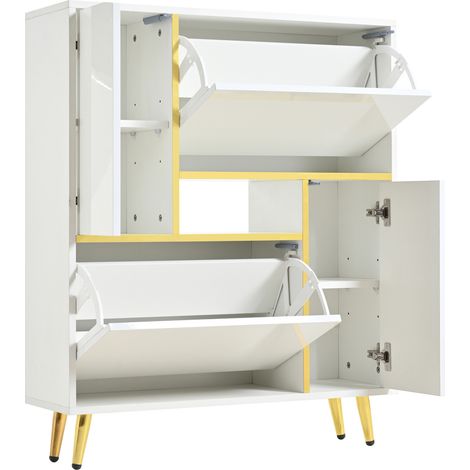 Meuble à chaussures moderne blanc avec façade laquée et éclairage LED 16 couleurs (80 x 25 x 96 cm) (1/5)