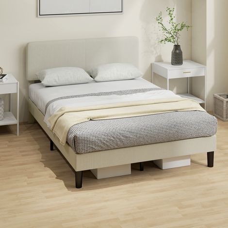 Estructura de cama doble de 140x200 cm con cabecero regulable en altura y acolchado de pana, somier de láminas de madera, ideal para dormitorio, fácil montaje, color gris claro.