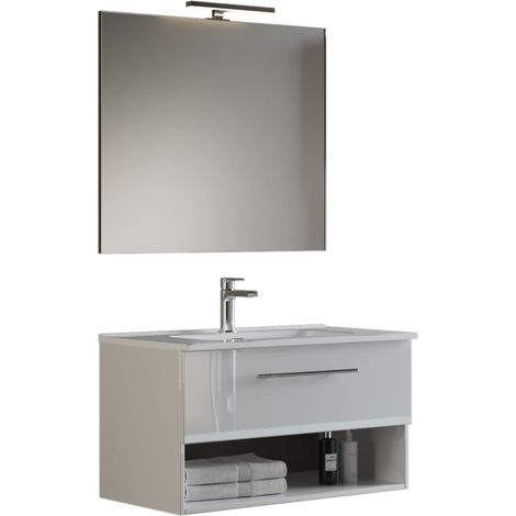 Mama Store GEA2 80 - Mobile Bagno Sospeso 80 CM Cassetto e Vano a Giorno Bianco Lucido Laccato con Lavabo, Specchio e Lampada LED, L.81 X P.45 X H.46 cm (1/2)