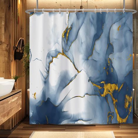 180x200cm Rideau de Douche en marbre Ombre Bleu Encre marbre Rideau de Bain Aquarelle Bleu avec Motif Or Rideaux de Douche Rideau de Baignoire étanche (1/5)