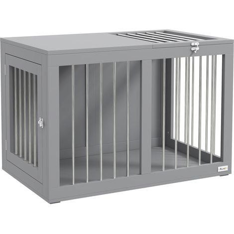 Cage pour chien d’intérieur verrouillable à 2 portes, structure en acier et MDF, fond surélevé, pour chien moyen jusqu’à 20 kg, gris moderne – CHICFURN (1/5)