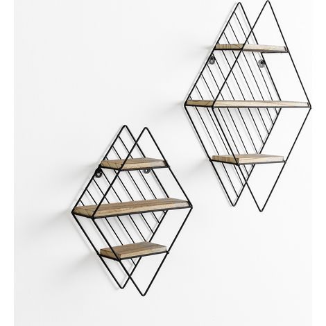 Set de 2 estantes de pared Diamante metal negro y madera de Paulownia