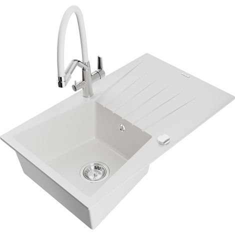 Mexen Cesar lavello da cucina in granito con 1 vasca e scolapiatti e miscelatore Duo, bianco - 6514-20-671701-02 (1/5)