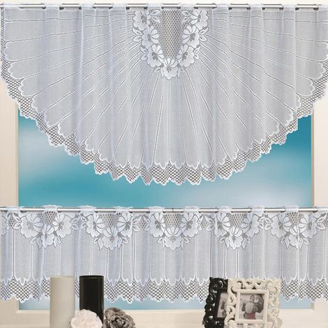 Rideau Tier - Dentelle - Pour Cuisine Salle À Manger - 160x60 cm Et 160x30 cm - Blanc - Lot De 2 Pièces (1/2)