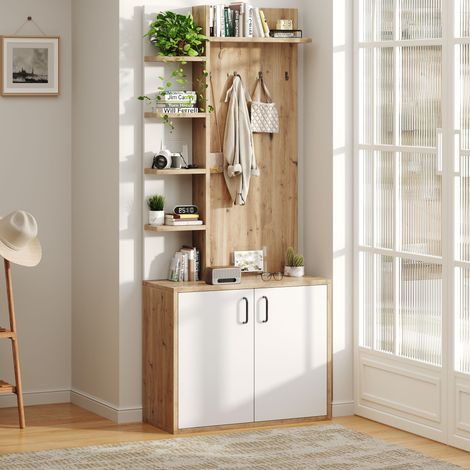 Meuble d'entrée avec 6 Plateformes Ouvertes et 1 Placard à 2 Portes, Style Naturel, en Panneau de Particules, Bois Naturel et Blanc, 75×33×180 cm