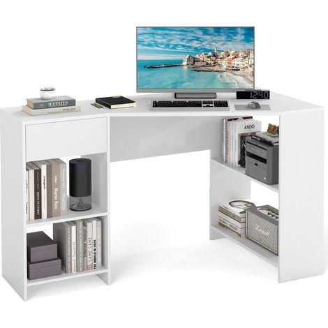 COSTWAY Scrivania ad Angolo per Computer 120 x 60 cm, Scrivania a Forma di L con Ripiani e Cassetto, Scrivania Angolare Gaming Salvaspazio per Ufficio, Studio e Cameretta, Bianco