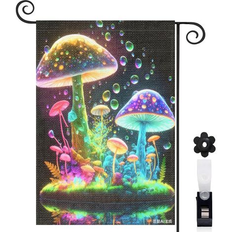 Drapeau de jardin décoratif 30 x 45 cm motif champignons colorés et ambiance enchantée toile double face (1/5)
