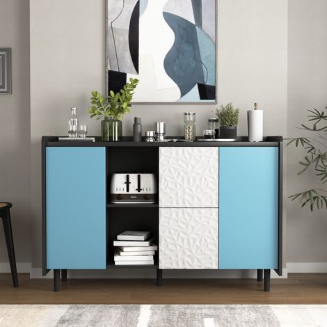 Buffet Sideboard 120 x 40 x 80 cm - 2 Tiroirs au Design Unique & 2 Niches Ouvertes - Style Scandinave Audacieux - Noir et Bleu (1/5)