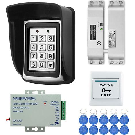 Kit Système de Contrôle d'accès, RFID Programmable Clavier de Contrôleur en Métal, Housse étanche, Verrouillage à Boulon électrique, DC 12V 3A Alimentation, Bouton EXIT, Keyfobs ID 10pcs (1/5)