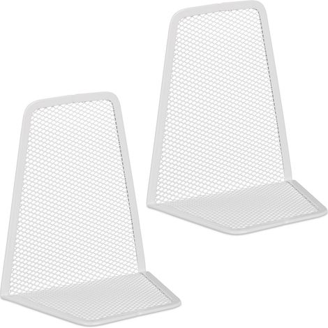 Relaxdays Set of 2 Bookends, Modern Mesh Design, for Books and Folders, Bookshelf Dividers, 14 x 12 x 9 cm, Metal, White