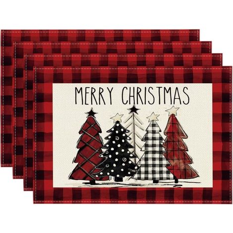 Placemat - Buffalo Plaid - Rouge et Noir - 12 x 18 Pouces - Pour Décoration de Noël et Hiver - Cuisine Salle à Manger Extérieur - Lot de 4 (1/5)