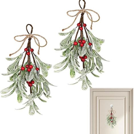 Weihnachtsdekoration für drinnen und draußen, Set mit 2 künstlichen Mistelkugeln (23 cm) mit roten Beeren und Schleife, für Wände, Fenster, Kamine, Treppen (1/5)