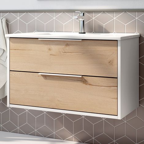 Meuble de salle de bain 80cm simple vasque - 2 tiroirs - sans miroir - Blanc/Roble - ALBA (1/2)