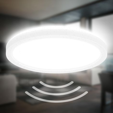 Plafonnier LED avec détecteur de mouvement, plat, IP44 protection contre éclaboussures, plafonnier LED, panneau LED, lampe de salle de bain, cuisine, éclairage de pièce humide, 24x3 cm (1/5)