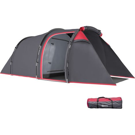 Tente tunnel camping 2-3 personnes, 426×206×154cm, gris, espace vie, chambre, portes, fenêtres latérales, sac transport