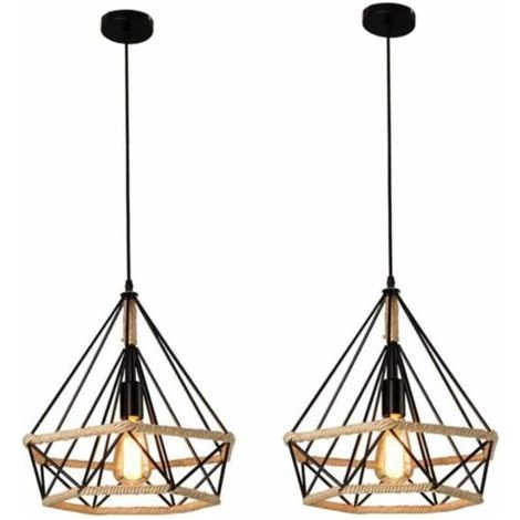2x Corde de chanvre Cage Lampe de Plafond,Lustre Suspension Industrielle 25cm en forme Diamant Corde de Chanvre Noir, Ensoleillé (1/5)
