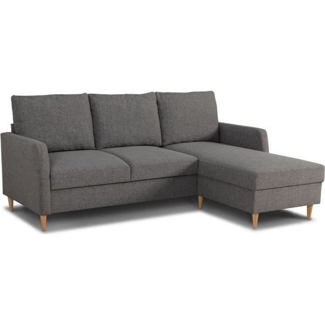 Canapé d'angle fixe réversible 3 places – Tissu 100% polyester anthracite – Dimensions L 192 x P 137 x H 82 cm – Pieds noirs (1/5)