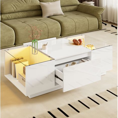Tavolino da caffè in pannello truciolare bianco 105 cm con vetro temperato, LED e 2 cassetti (1/5)