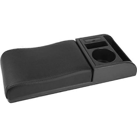1. PU-Auto-SUV-Armlehnenkissen, Mittelkonsolenabdeckung mit Getränkehalter, gebogene Oberfläche, schwarz mit schwarzen Linien, komfortabler Stauraum.
