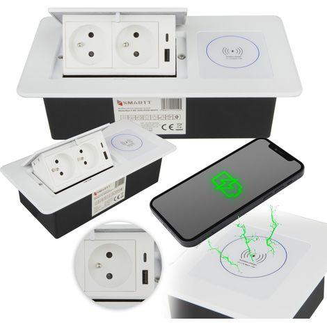Enchufe de encimera retráctil, 2 puertos USB, 2 cargadores inductivos de 230 V, color blanco. (1/5)
