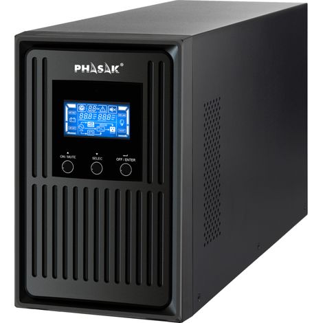 UPS online, brand Phasak, modello PH 8010 de 1000 VA, ideale per apparecchiature critiche de a basso consumo, con doppia conversione, onda sinusoidale pura, modalità ECO, gestione SNMP e LCD.