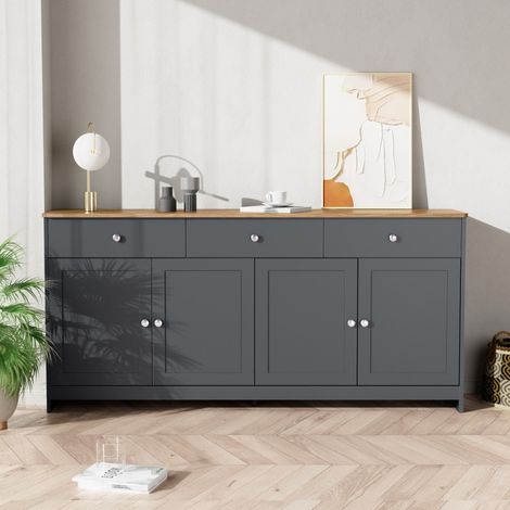 Aparador para salón y comedor - 160 x 37 x 75 cm - 4 puertas, 3 cajones y estantes ajustables - Madera negra, gris y natural (1/5)