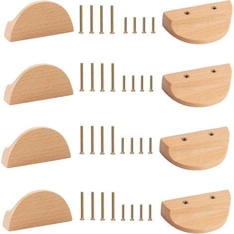 12 poignées demi-lune en bois de hêtre, double fixation, poignées de tiroir cuisine et salon, style rétro pour meubles domestiques