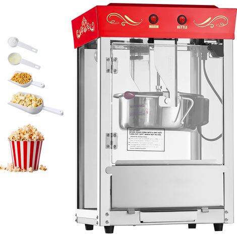 Mophorn Máquina de palomitas con hervidor de acero inoxidable de 0,2 kg, 800 W, con control de 2 botones, puerta de policarbonato con panel de vidrio, incluye cuchara y 3 medidores, color rojo