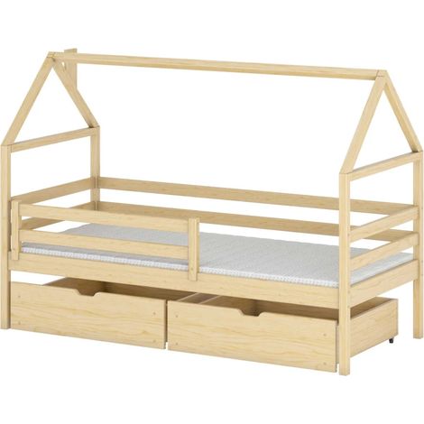 CAMA INFANTIL CASITA CON CAJONES Y BARANDILLA MISSISSIPPI - Natural - 90 x 190 (1/3)