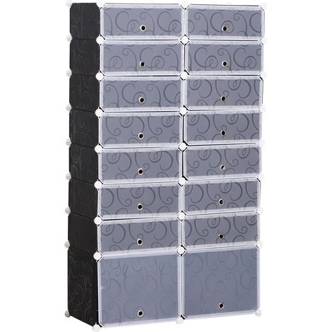 Homcom – Armoire à chaussures en plastique et fil métallique – 14 cubes pour 32 paires – Dimensions L 95 x l 37 x H 160 cm – Couleur noir