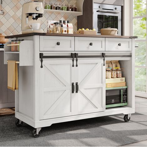 Îlot de cuisine 140x45x94 cm beige en MDF avec plateau rabattable, roulettes, portes coulissantes et rangements (1/5)