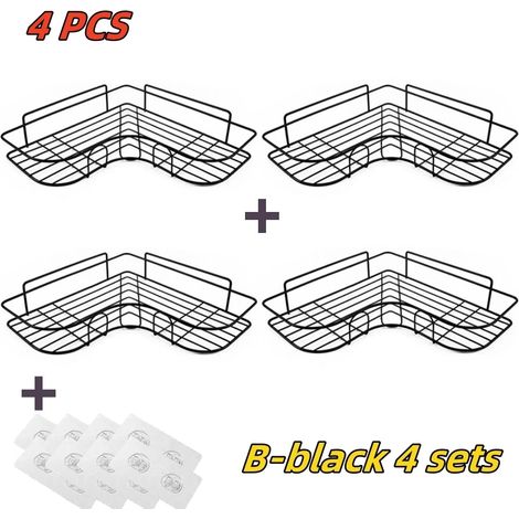 (B-Noir, lot de 4) Étagère de salle de bain, accessoires de salle de bain, étagère de rangement pour shampoing, porte-cosmétiques, étagère métallique sans perçage, organisateur de condiments, étagère (1/5)