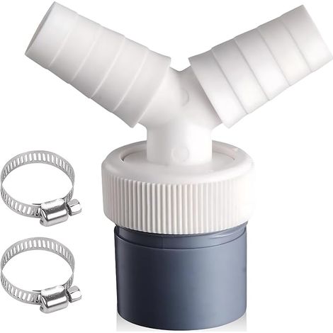 Y-Adapter für doppelte Waschmaschinen-Absaugung und Schlauch, doppelte Waschmaschinen-Absaugung, Doppeltrichter für Geschirrspülen mit Ø40 mm Schlauchauslass und Ø18–24 mm Einlass – 2 Schlauchklemmen (1/5)
