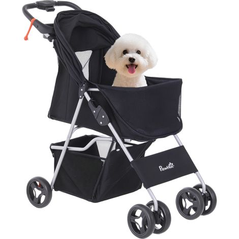 Carrito para Perros con Toldo Ajustable Cesta de Almacenaje y Ruedas con Freno Tela Oxford 77x45x99,5 cm Negro (1/5)