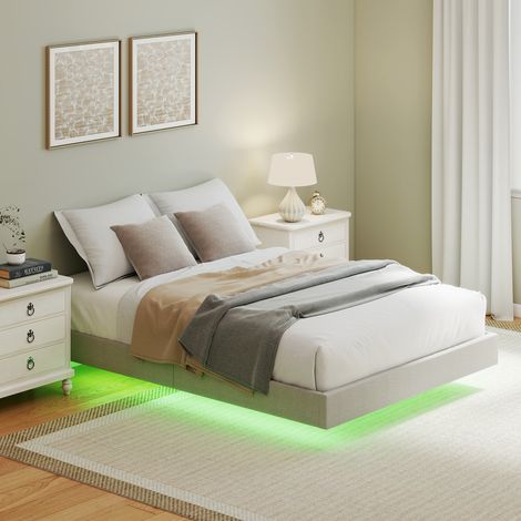 Sommier tapissier 140x190 cm effet suspension avec LED intégrée, lit 2 places en tissu lin, cadre à lattes bois, coloris beige (1/5)